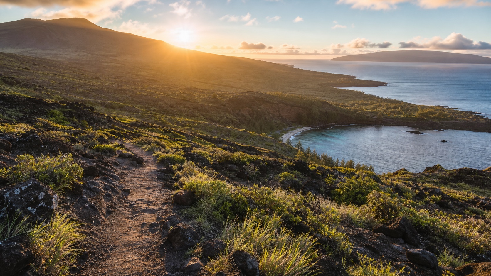 Maui sunrise view over volcanic terrain and coastline