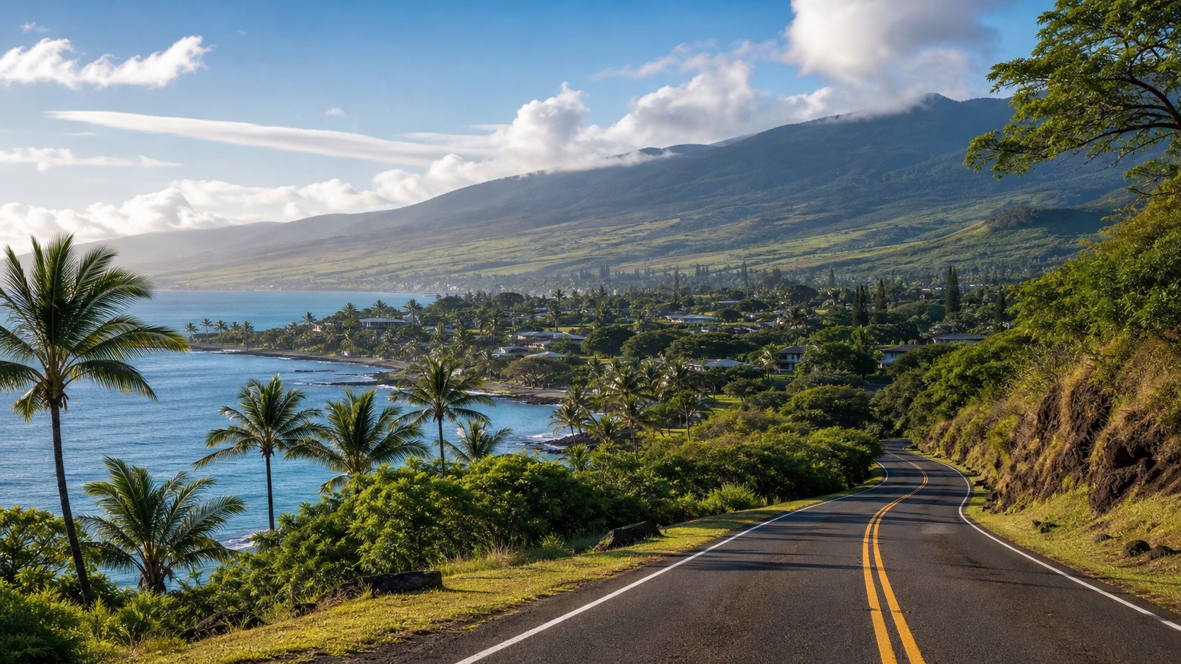Maui coastal road with ocean and upcountry hills